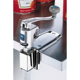 Ouvre-boite manuel avec base en étau inox modèle fixé sur une table inox.