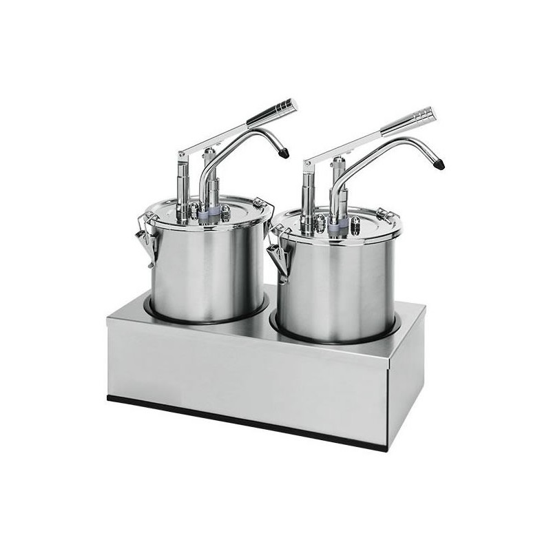 Pompe à sauce en inox double avec récipient de 4.5 litres avec couvercle Pompe à sauce en inox double avec récipient de 4.5 litres avec couvercle