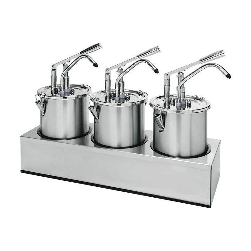 Pompe à sauce en inox triple avec récipient de 4.5 litres et couvercle Pompe à sauce en inox triple avec récipient de 4.5 litres et couvercle