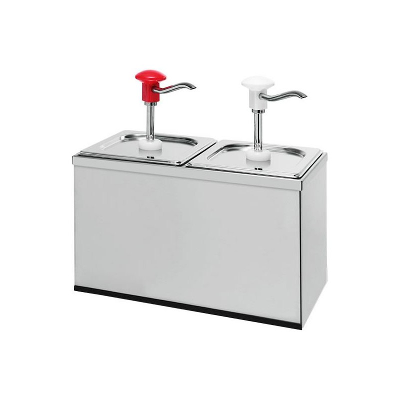 Pompe à sauce double gastronorme en inox avec récipient 2.5 litres Pompe à sauce double gastronorme en inox avec récipient 2.5 litres
