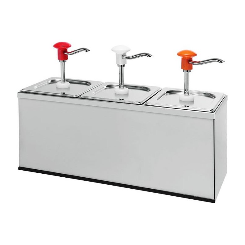 Pompe à sauce triple gastronorme en inox avec récipients 2.5 litres Pompe à sauce triple gastronorme en inox avec récipients 2.5 litres