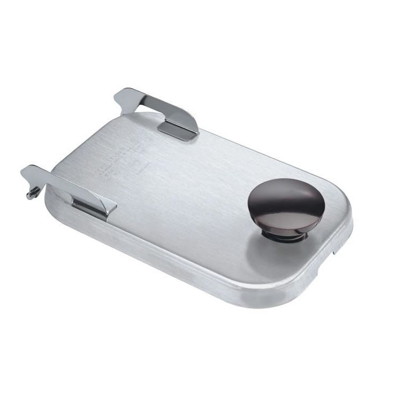 Couvercle basculant inox avec bouton pour bacs à sauces. Couvercle basculant inox avec bouton pour bacs à sauces.