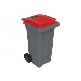 Conteneur à déchets 120 litres sur roues avec couvercles de couleur rouge.