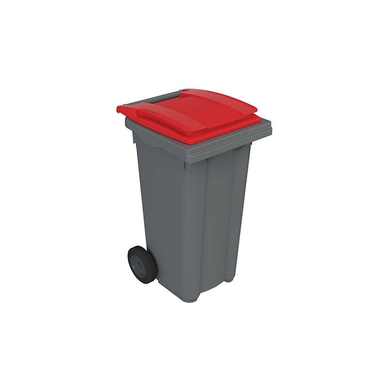 Conteneur à déchets 120 litres sur roues avec couvercles de couleur rouge.