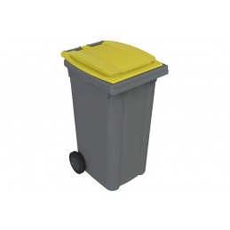 Conteneur 240 litres gris sur roues avec couvercle de couleur jaune.