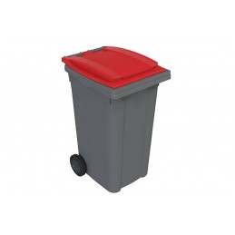 Conteneur 240 litres gris sur roues avec couvercle de couleur rouge.