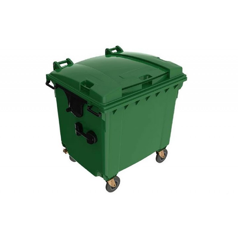 Conteneur à déchets 4 roues pivotantes 1100 litres couvercle plat couleur vert.