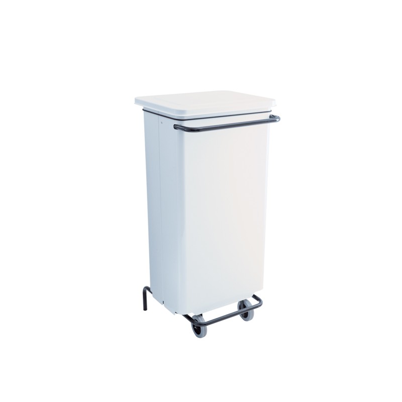 Conteneur mobile acier 110 litres à pédale de couleur blanche.