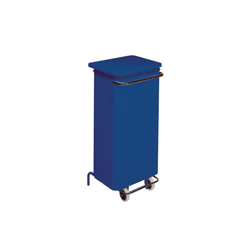 Conteneur mobile acier 110 litres à pédale de couleur bleue.