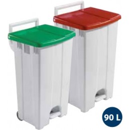 Poubelle 90 litres à pédale avec couvercles de couleur.