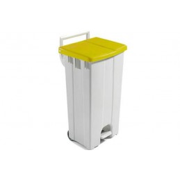 Poubelle 90 litres à pédale avec couvercle de couleur jaune.