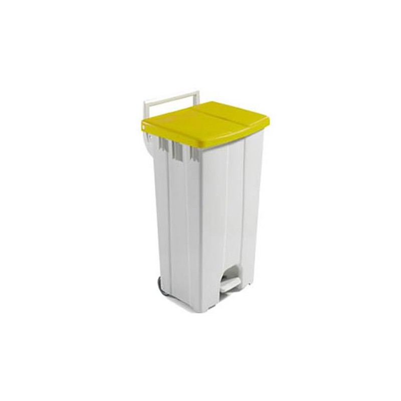 Poubelle 90 litres à pédale avec couvercle de couleur jaune.