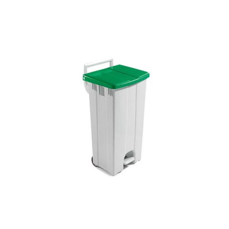 Poubelle 90 litres à pédale avec couvercle de couleur verte.