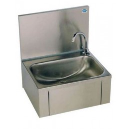 Lave-mains inox avec cuve rectangulaire et dosseret.