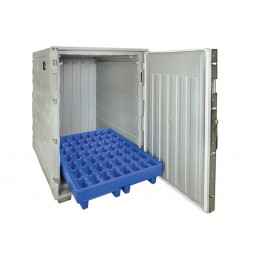 Conteneur isotherme cargo Line 1350 litres sur cadre palette porte ouverte.